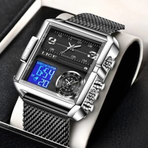 LIGE Fashion Black Steel Watch Men Digital Dual Display Watch Sports Chronograph Waterproof Quartz Wristwatch Men Military Watch